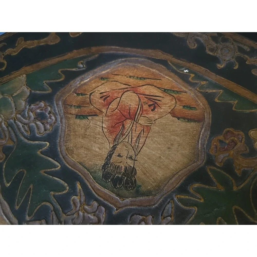 Antique Large Hexagonal Wooden Box Asian Hand Painted 6 Inside Compartments Rare